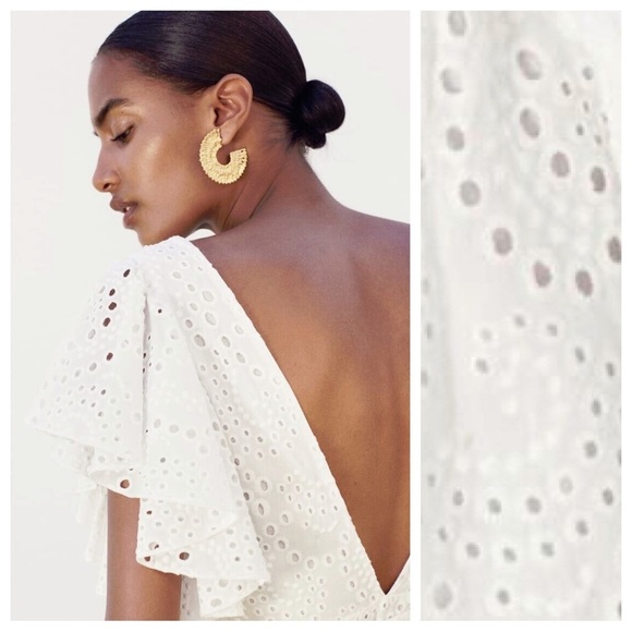 NWT. Zara White Cutwork Embroidery Midi Dress with V-neckline. Size S. - Picture 4 of 9